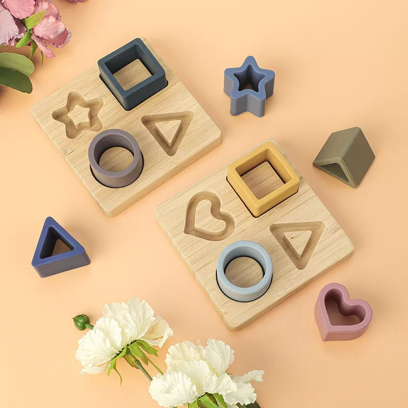 Miniatură: Joc de sortare din silicon si lemn, cu forme geometrice