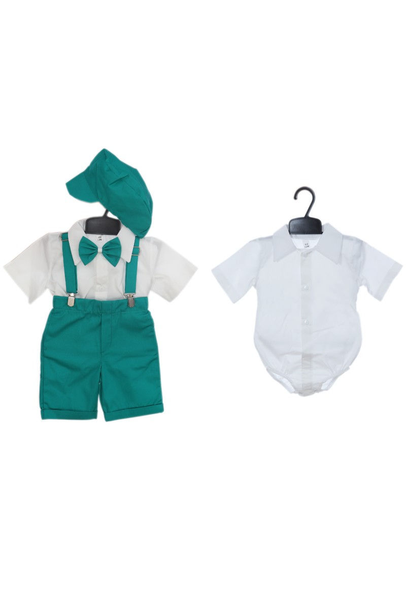 Miniatură: Costum verde,cu pantaloni scurti, camasa, papion si bascuta, pentru bebelusi