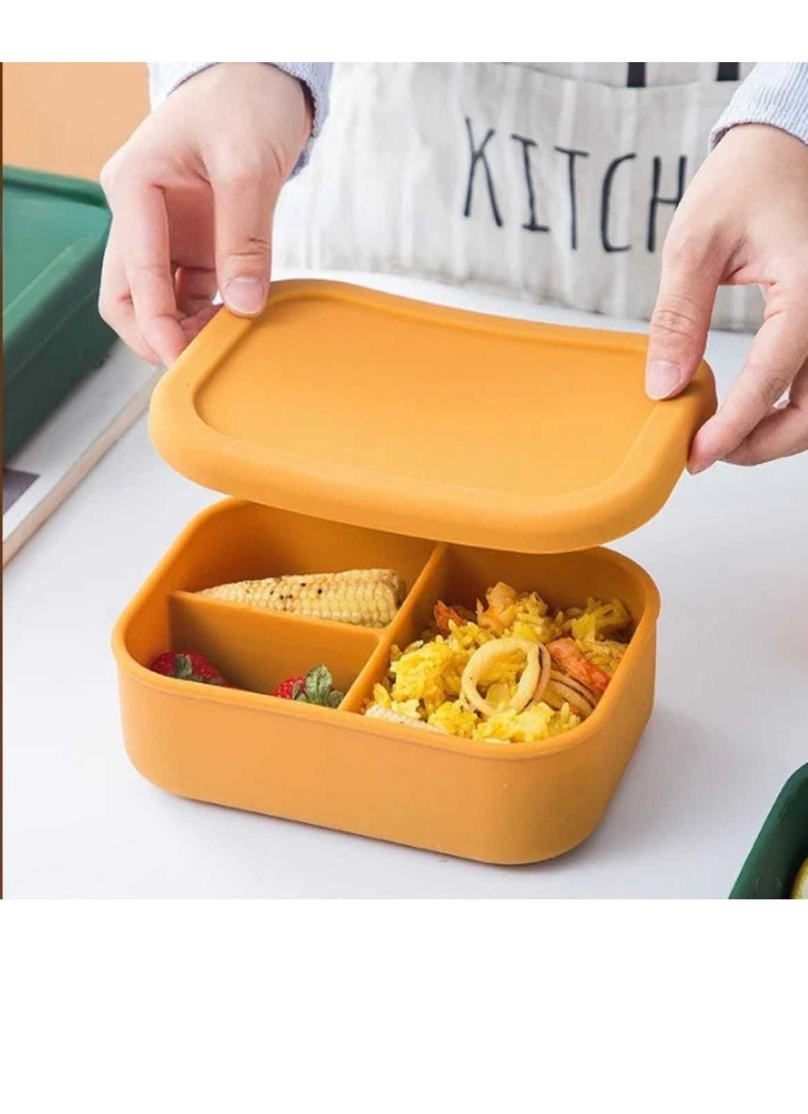 Caserola compartimentata din silicon - Lunch box  mustar, 700 ml