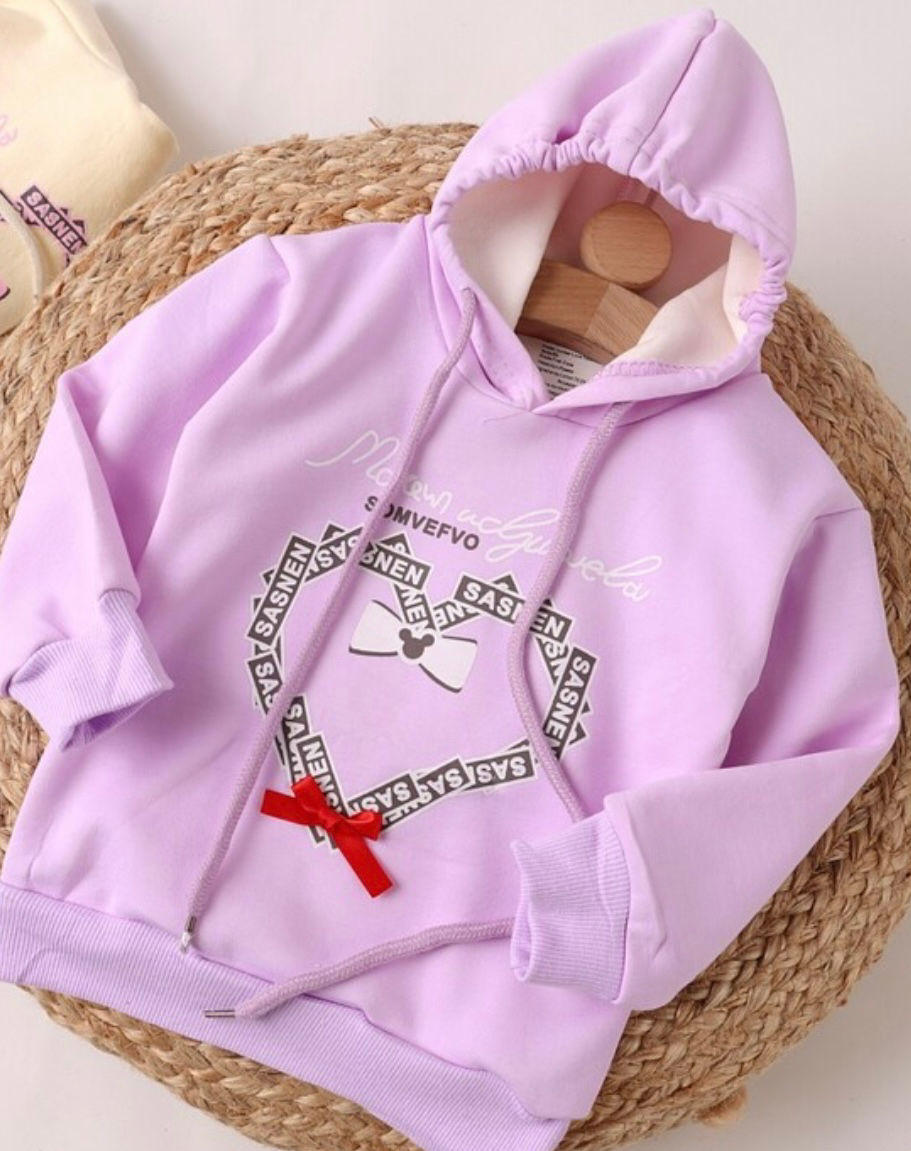 Hanorac plusat lila cu glugă pentru fetițe