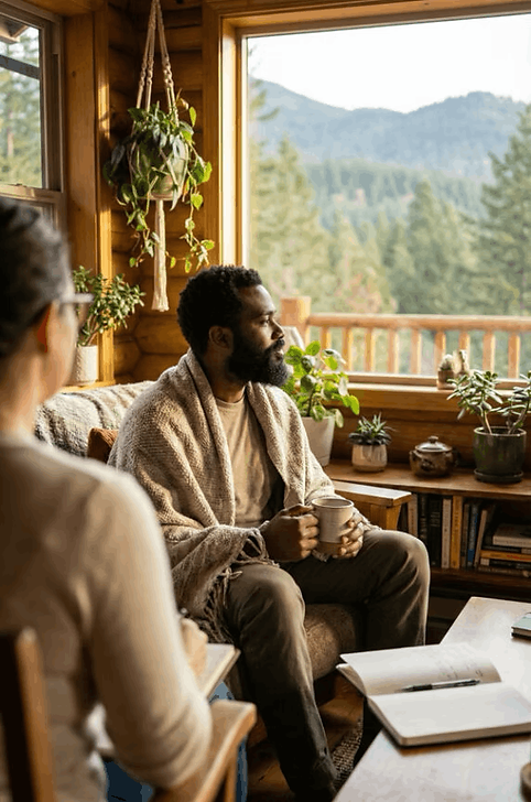 A man sits on a couch during a therapy session in a sunlit office with plants and a view of the mountains 