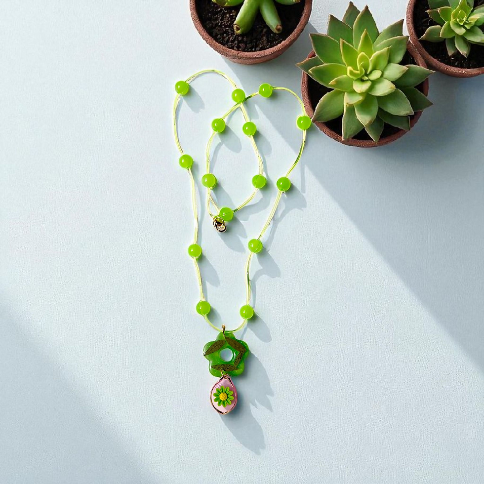 Thumbnail: Handmade floral pendant necklace with matching green earrings – boho style