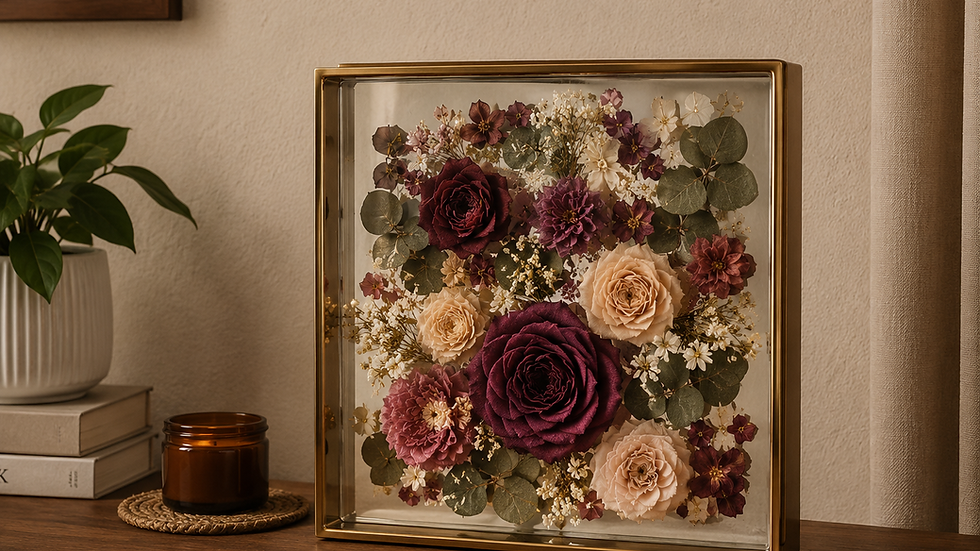 Wedding flower preservation frame displayed indoors for long lasting care