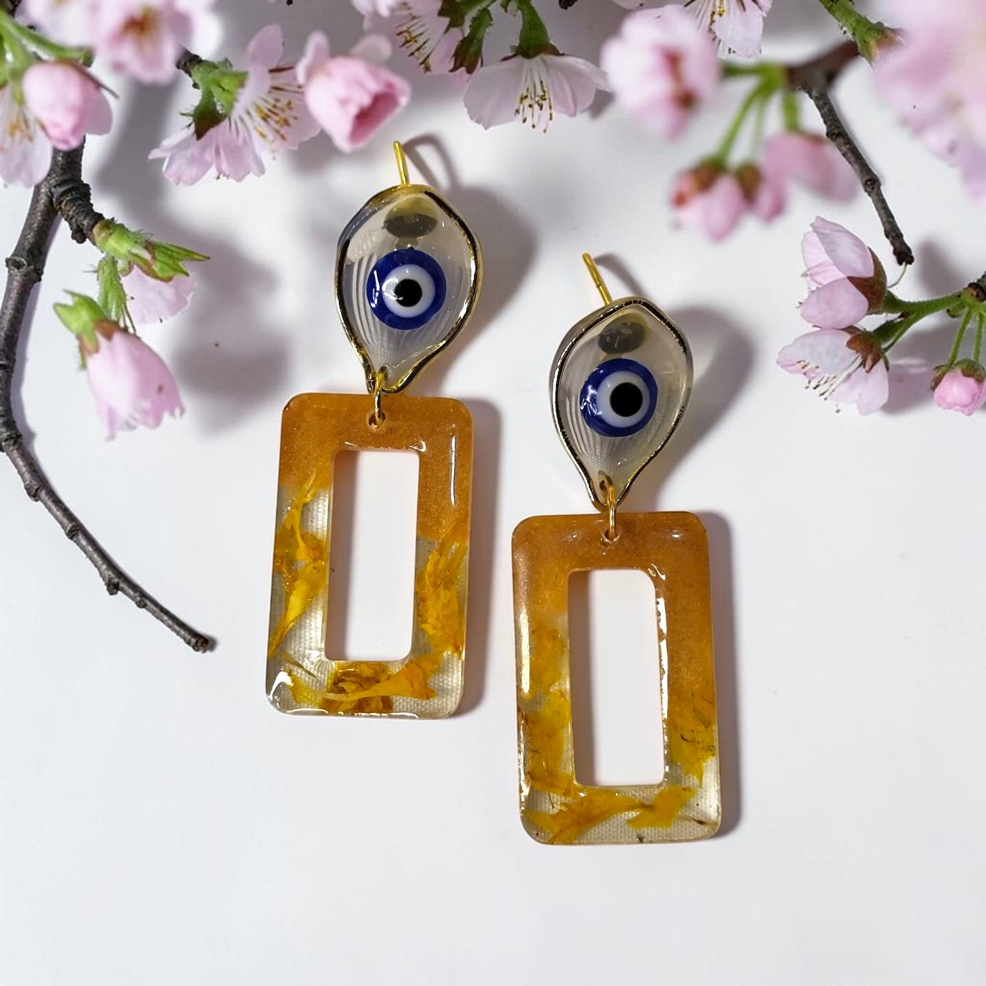 Handmade Evil Eye Drop Earrings with Real Preserved Flowers for Women & Girls by SMARVA