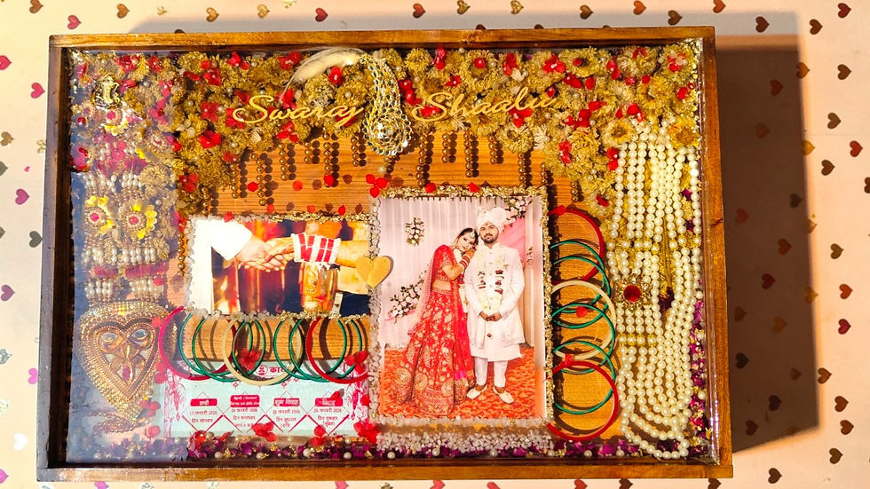 Decorative wedding keepsake box with photos of bride and groom, bangles, beads, flowers, and names Swaraj and Sheetal.