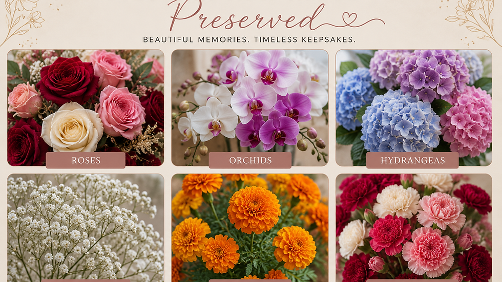 Wedding flowers that can be professionally preserved including roses orchids hydrangeas and marigolds