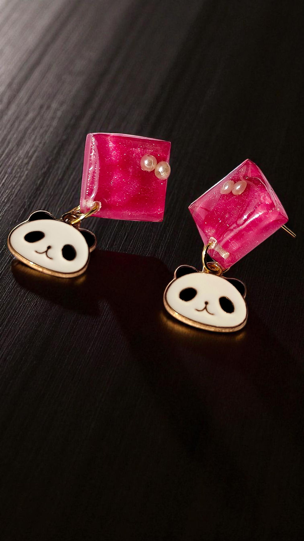Pink resin cube earrings with panda faces, handmade resin earrings for women