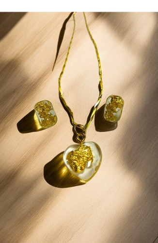 Gold Flake Heart Necklace & Earrings – Handmade Resin Jewelry | Golden Heart | Smarva 