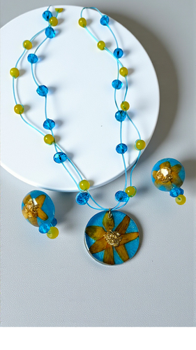 Unique Floral Necklace & Earrings Set – Boho Nature Inspired Jewelry |Blue Bloom | Smarva 