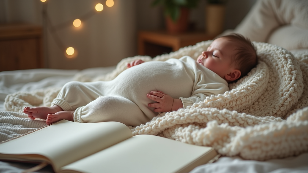 Close-up view of a serene family setting with a cozy blanket and a pregnancy journal