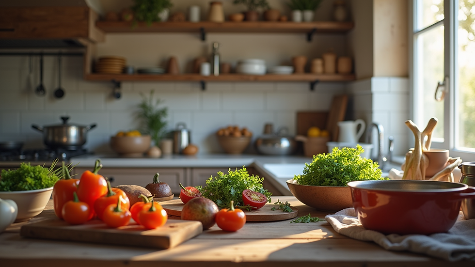 Eye-level view of traditional Greek kitchen with cooking utensils and fresh ingredients