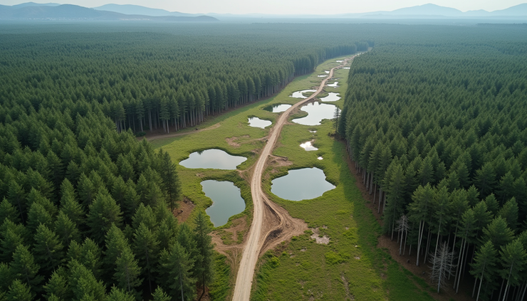 High angle view of a restored forest area with ponds and fire protection lines
