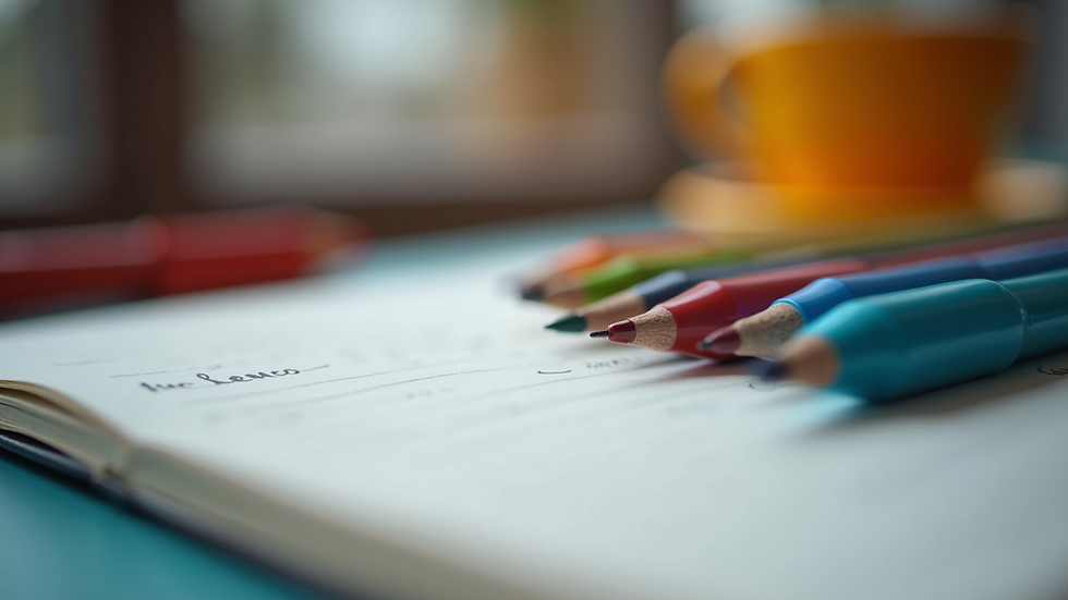 Close-up view of a journal with colorful pens