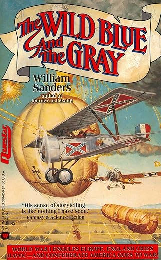 Vintage book cover: A biplane with Confederate flags flies over a battlefield with explosions. Title: The Wild Blue and the Gray.
