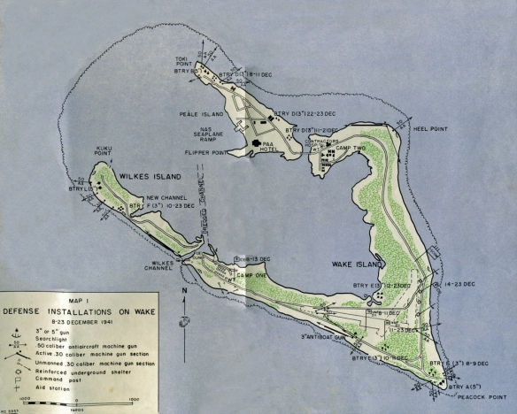 Map of Defense Installations on Wake, 1941. Displays gun positions, shelters, and airfields on Wake and Wilkes Islands. Blue and green tones.