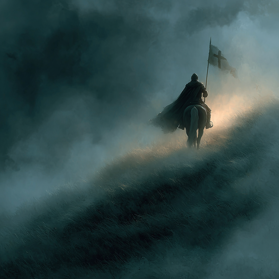 Silhouetted knight on horseback rides through misty hills, carrying a flag with a cross. Scene is dark and moody with foggy ambiance.