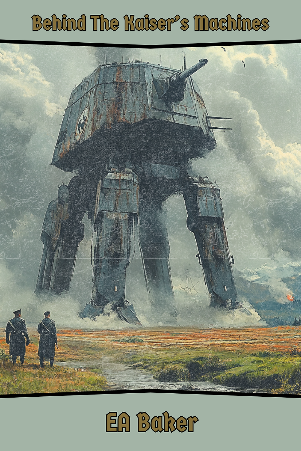 Two soldiers standing in a field observing a four-legged mech on maneuvers.
