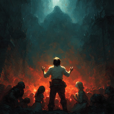 A person stands with arms raised, surrounded by shadowy figures against a fiery backdrop, in a mysterious, dramatic setting.