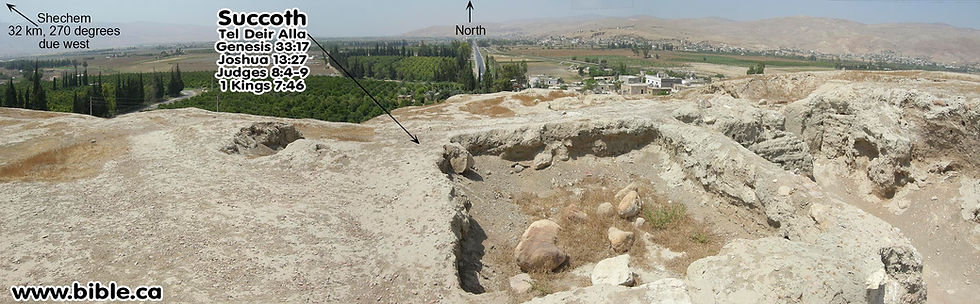 Panoramic rocky ruins overlooking green valley and hills, with labels for Succoth, Shechem, North, and bible.ca.