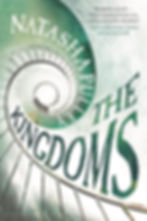 Green spiral staircase on "The Kingdoms" book cover by Natasha Pulley, with a New York Times review praising its immersive quality.