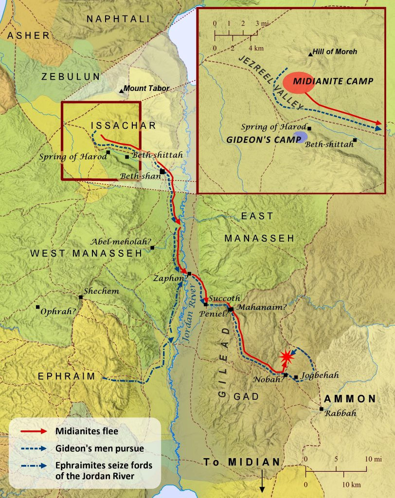 Map of Gideon’s pursuit of Midianites in Israel, with red and blue arrows tracing routes from Harod to the Jordan River.