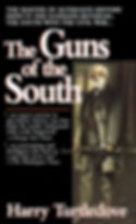 A book cover features a historical figure in a brown coat holding a rifle. Text: "The Guns of the South" by Harry Turtledove, with reviews.