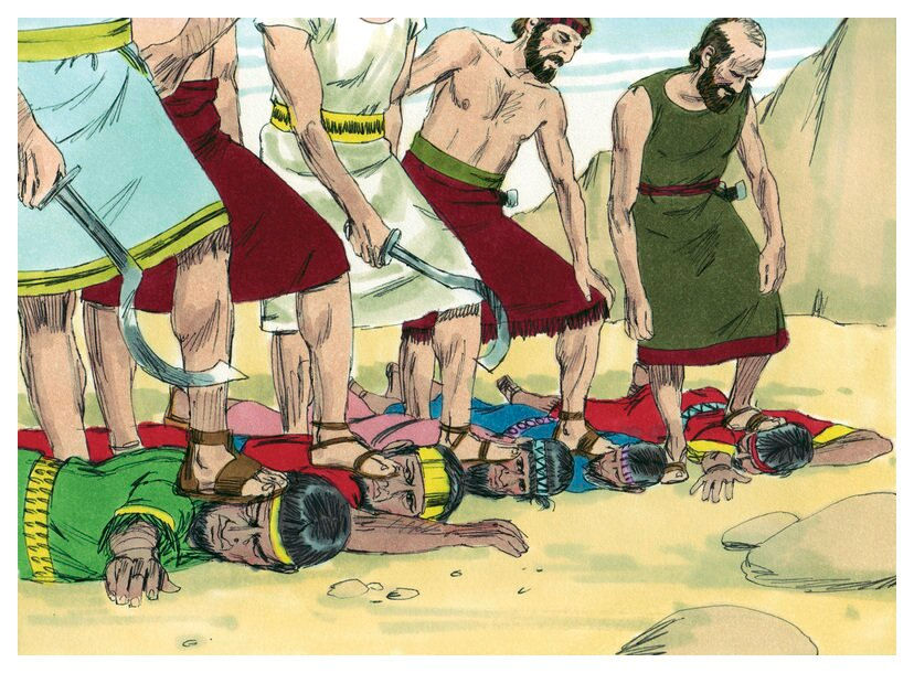 Warriors in robes holding swords, stand over fallen people on a desert-like landscape. Scene shows conflict, with vivid colors and tension.