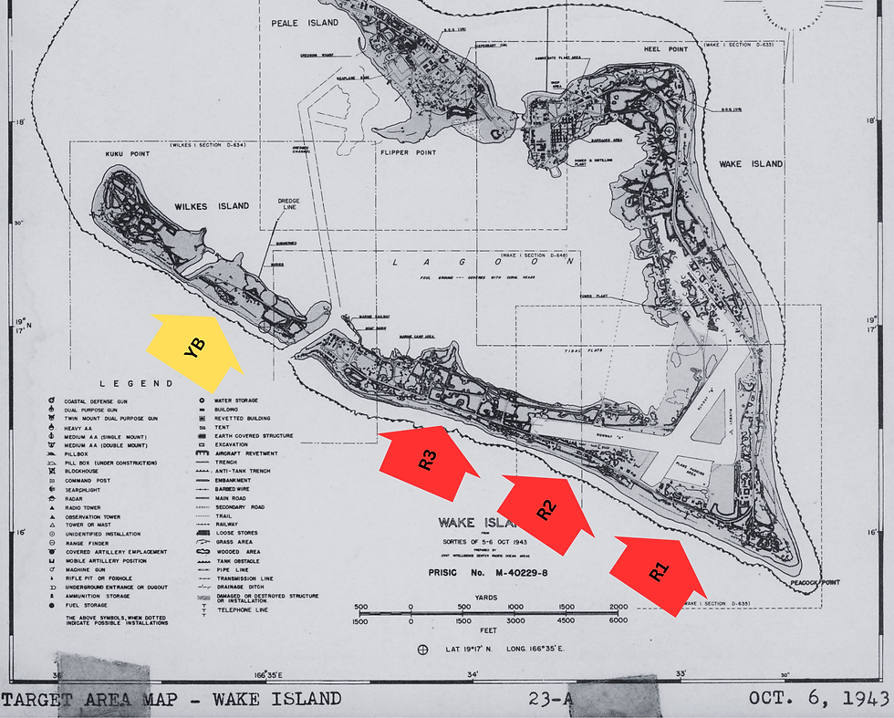Map of Wake Island dated Oct 6, 1943, showing labeled areas Wilkes, Peale, and Wake. Red arrows R1, R2, R3, and yellow arrow YB mark targets.