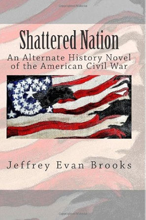 Book cover features an abstract American flag with distorted lines. The title "Shattered Nation" is bold. Subdued colors evoke a somber mood.