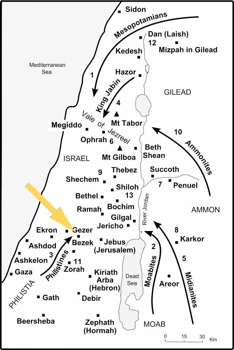 Map of ancient Israel and surrounding regions, with locations like Jericho and Jerusalem. Yellow arrow points to Gezer. Arrows indicate movements.