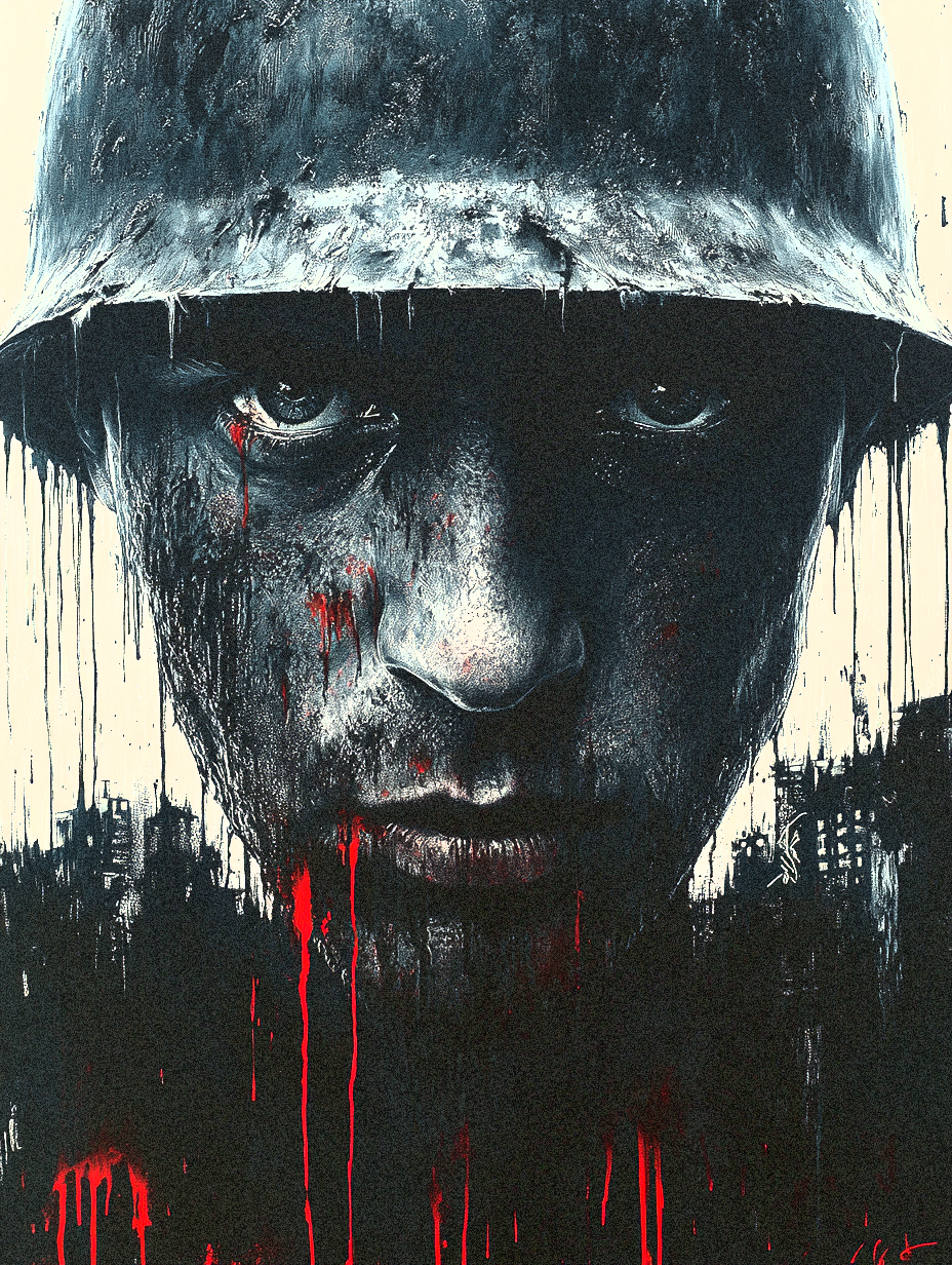 Close-up of a soldier's intense face with a worn helmet, dripping red paint resembling blood. Dark, gritty background adds a dramatic mood.