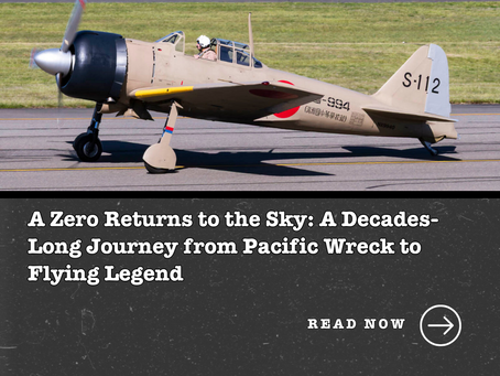 Vintage fighter plane on runway, pilot inside. Beige with red markings. Grass and sky visible. Text below: "A Zero Returns to the Sky."