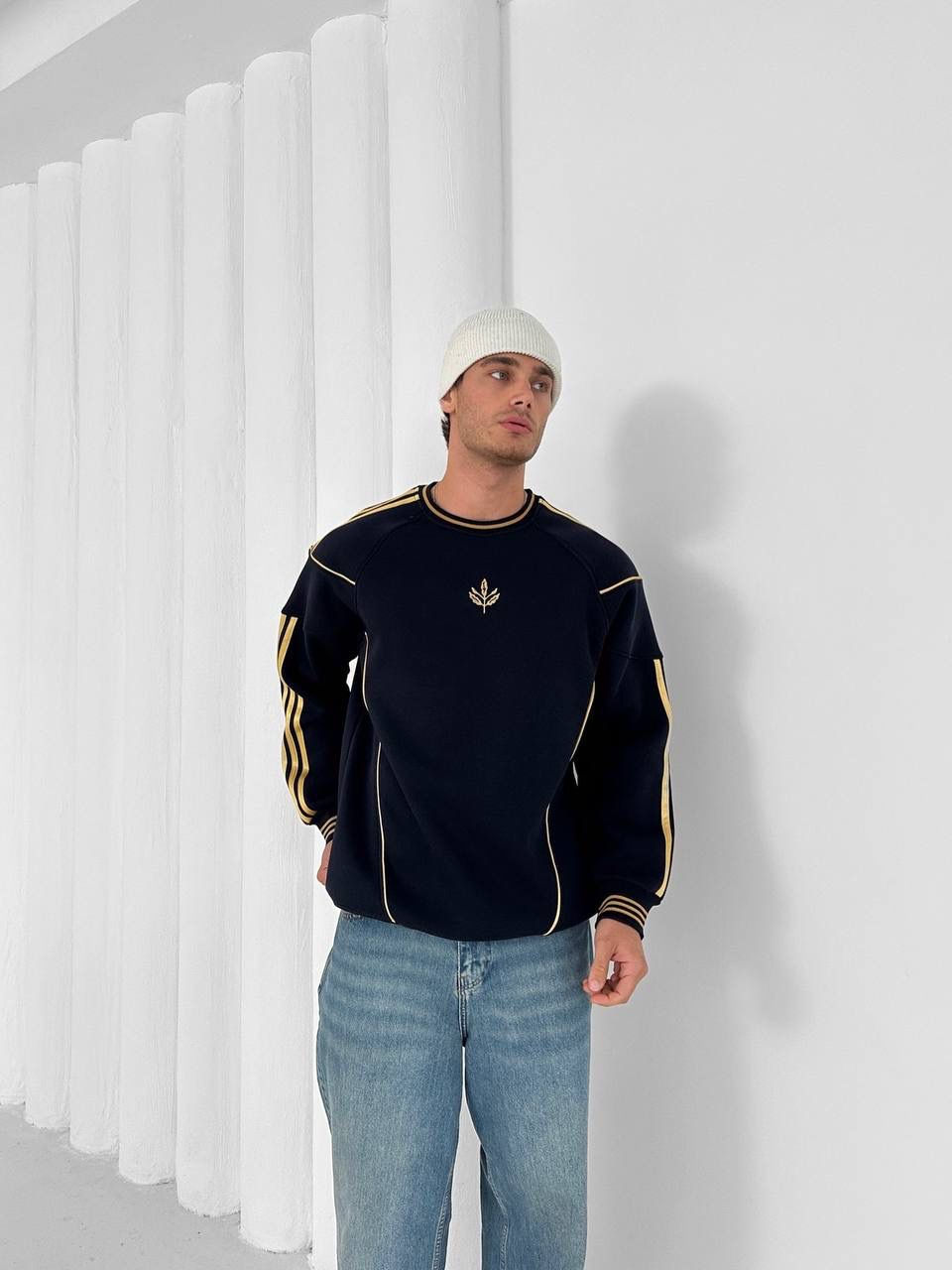 Yaprak Nakış Logo Bisiklet Yaka Oversize Sweatshirt