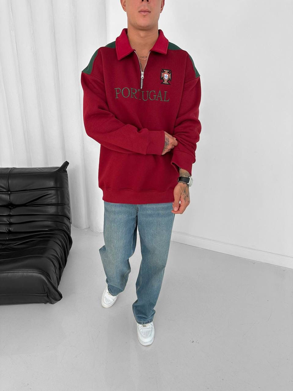 Küçük resim: Portekiz Nakış Logo Oversize Yarım Fermuar Polo Yaka Sweatshirt