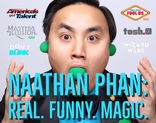 Naathan Phan performing a comedic magic act with sponge balls and show logos in the background.
