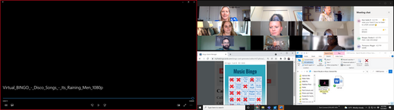 Screenshot of a Zoom meeting showing participants playing Virtual Music Bingo, with a digital bingo card visible on screen and a song file labeled “Disco Songs” playing.