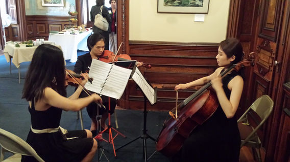 Seated string trio performing classical music indoors