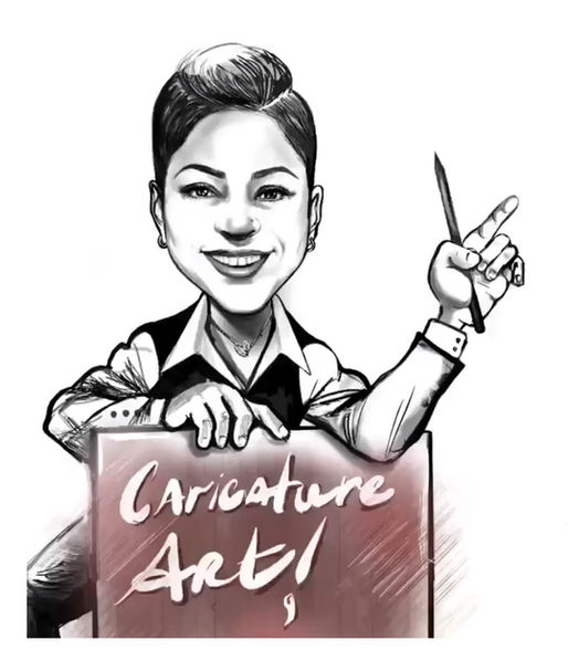 Digital caricature artists creating humorous portraits of guests at a corporate event, with attendees watching the artwork come to life on screens