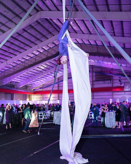 An aerialist performing at a holiday event, gracefully suspended in the air while executing stunning acrobatics, mesmerizing the audience in a festive atmosphere