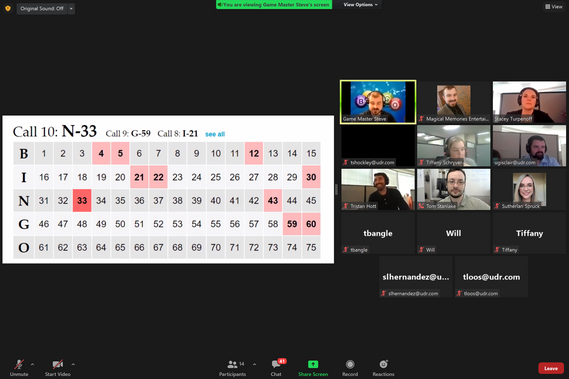 Screenshot of a Zoom Bingo event showing a live game host, bingo board with numbers highlighted, and participants smiling as they follow along from their computers.
