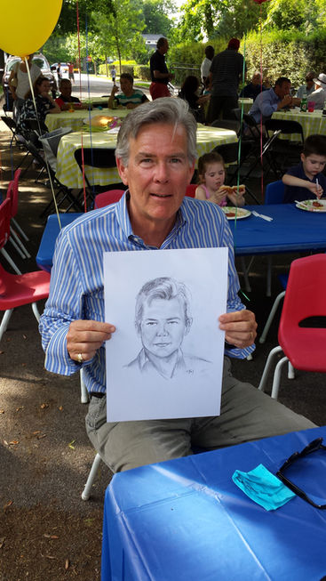 A caricaturist engaging attendees at a retirement event, skillfully crafting whimsical portraits that reflect the unique personalities of retirees, adding a touch of personalized entertainment and laughter to the celebration.