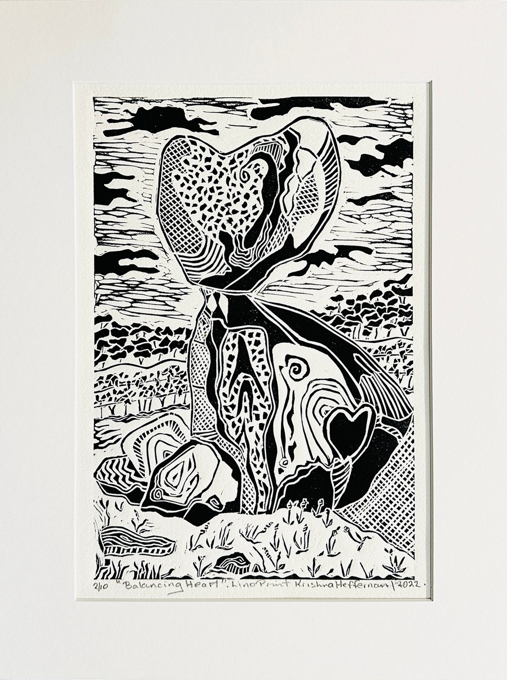 Krishna Heffernan | Balancing Heart | Lino Print on Paper | 42 x 32cm