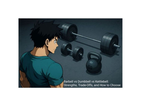 “A muscular man in a My Hero Academia–style illustration looks down at a heavy barbell loaded to 405 pounds, a pair of 100-pound dumbbells, and a 60-kilogram kettlebell arranged on the gym floor, all lit with dramatic shading and anime-style detail.”