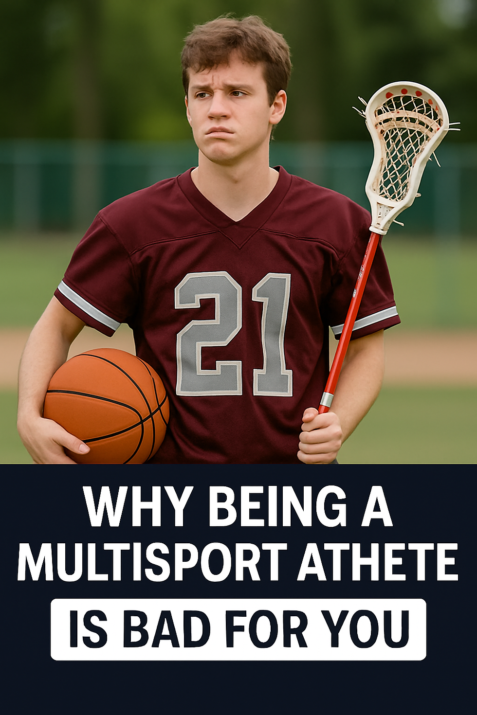 A serious-looking teenage athlete wearing a maroon jersey with the number 21 stands on a sports field, holding a basketball in one hand and a lacrosse stick in the other. Bold text at the bottom reads, "WHY BEING A MULTISPORT ATHLETE IS BAD FOR YOU."