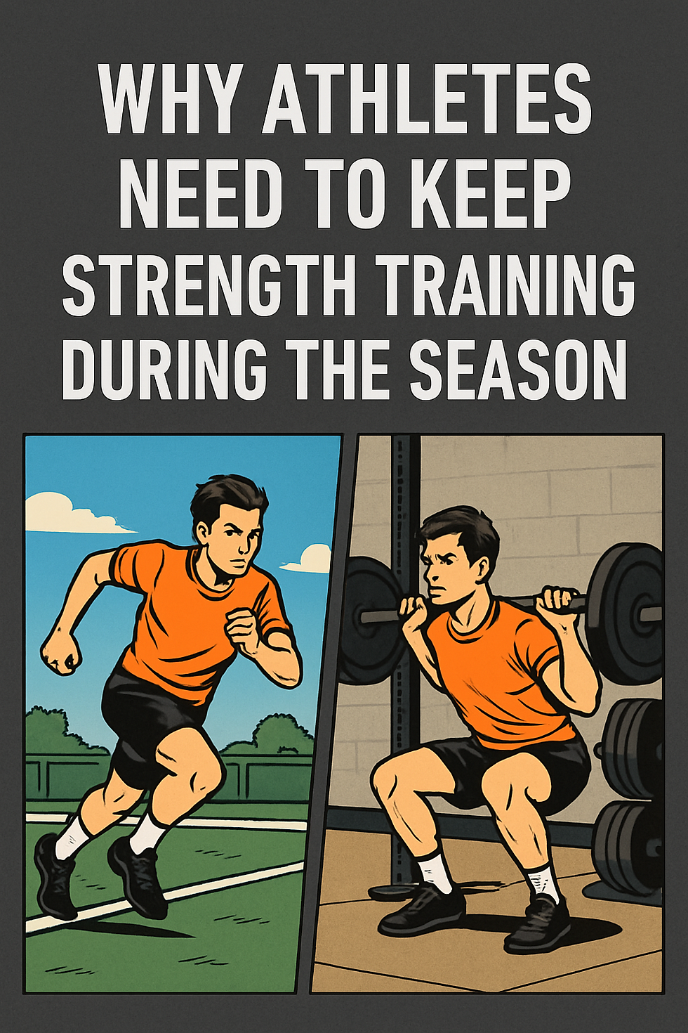 Comic-style split illustration of a young male athlete. On the left panel, he is sprinting on a sports field under a blue sky. On the right panel, he is performing a back squat in a gym with a barbell. Bold caption above reads, "Why Athletes Need to Keep Strength Training During the Season."
