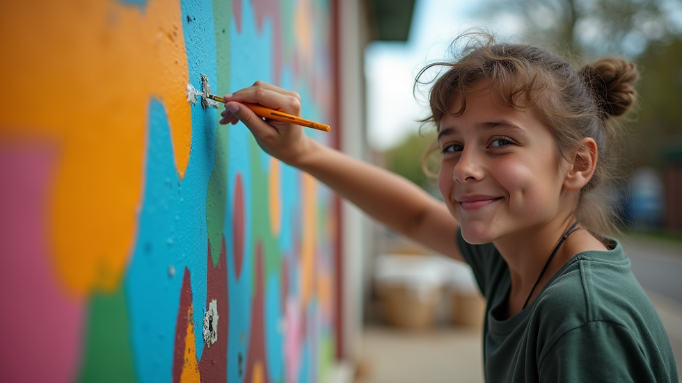 Eye-level view of a student painting a mural in a community project