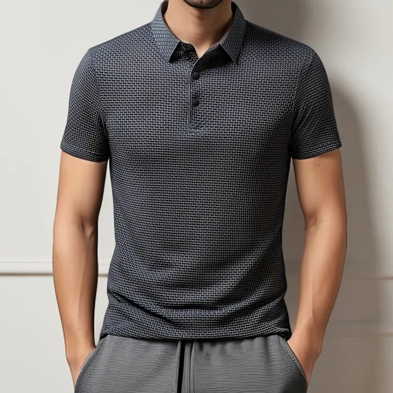 Thumbnail: New Men's Business Casual Short Sleeved Bone Flower Solid Color POLO Shirt Fashi