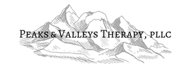 Peaks and Valleys Therapy Logo with Mountains in the background