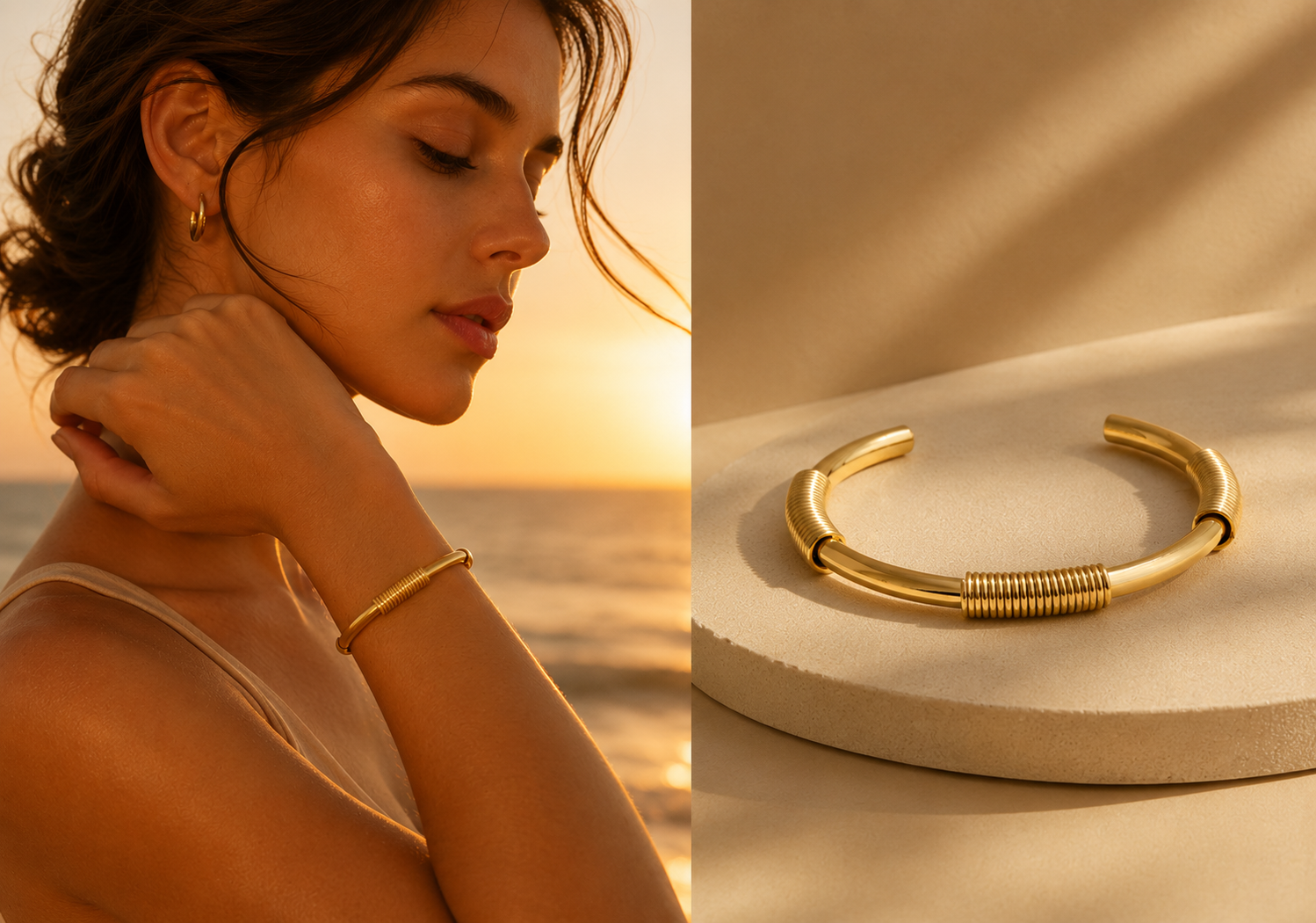 18K gold‑plated textured round cuff bracelet from Orizo worn by a woman at sunset, highlighting its elegant design and polish
