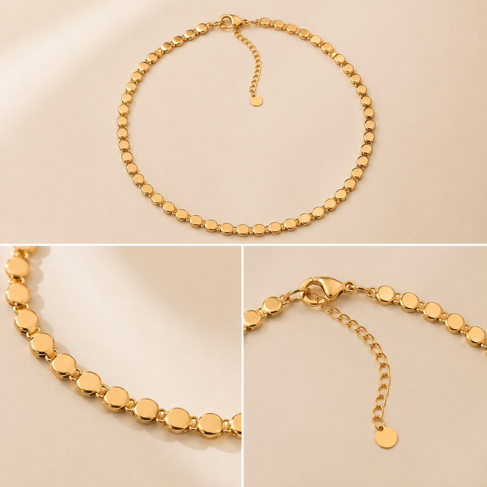 Gold square bead chain necklace from Orizo displayed on a beige background, featuring polished rounded links and an adjustabl